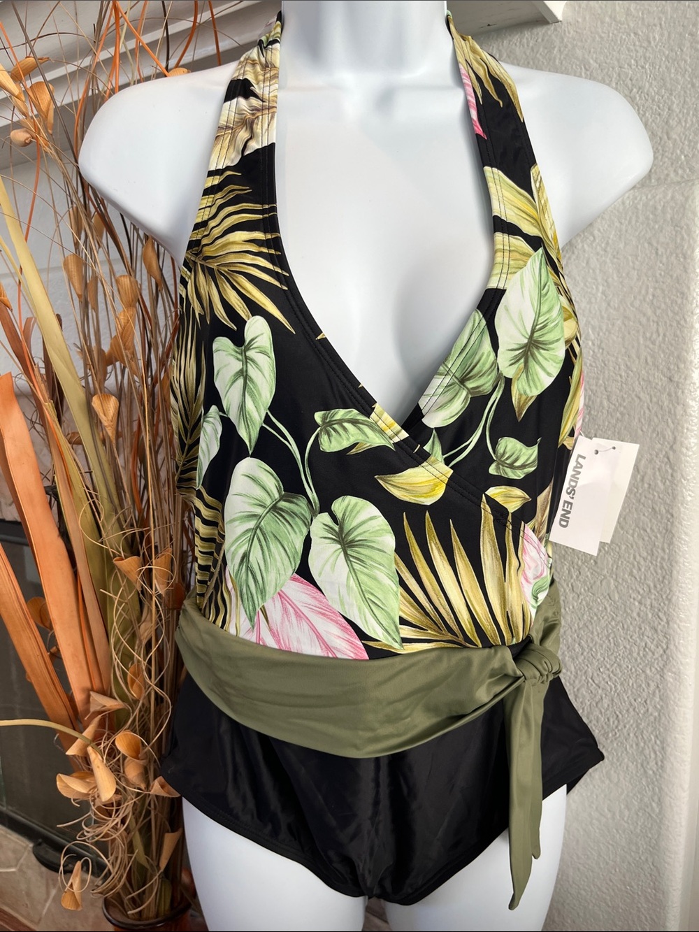 Lands' End Tropical Halter One-Piece Swimsuit - Black & Green Leaf Print